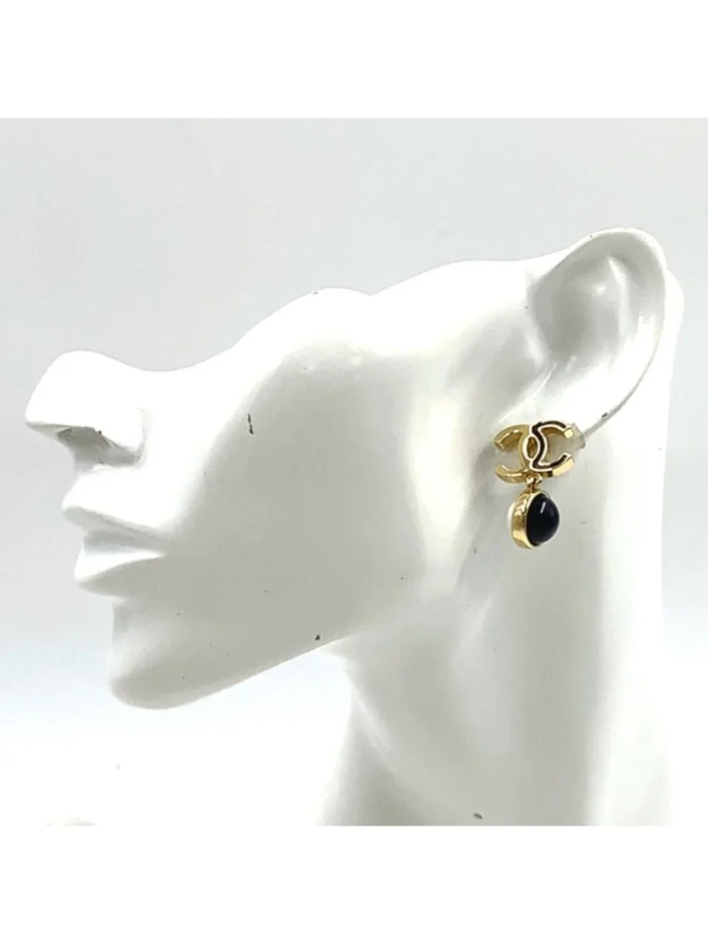 Chanel CC Logo Bicolor Costume Pearl Swing Faux Resin Gold Black White Earrings